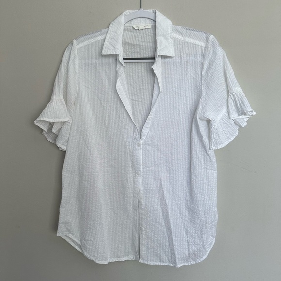 Beach Lunch Lounge Top Women’s Med Button Down White Short Sleeve V Neck Summer - Picture 1 of 6